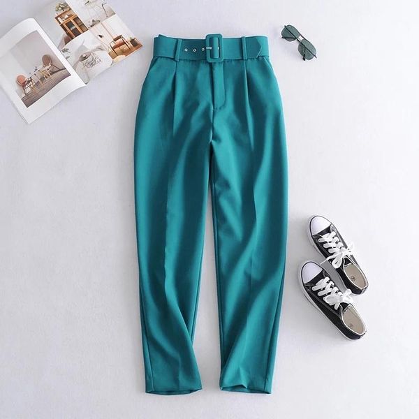

blsqr autumn winter green suit pants woman high waist pants sashes pockets office ladies fashion solid trousers1, Black;white