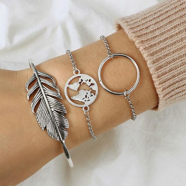 

charm bracelets ornaments pattern geometry mill finish circle round map leaf bracelet three-piece, Golden;silver