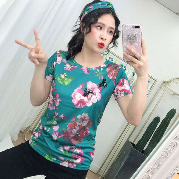 

end 2020 summer new women's high version of hand made bee geranium holiday t-shirt trend, Black;gray