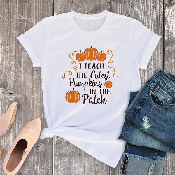 

i teach the cutest pumpkins in the patch t shirt fashion summer casual short sleeve t shirt pumpki graphic tees women's, White