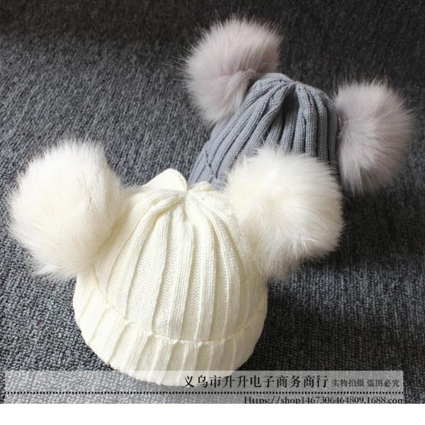 

earflap cap children's winter infant newborn baby kids faux fur wool hat beanie with two double pom pom for boys jllxxx, Yellow