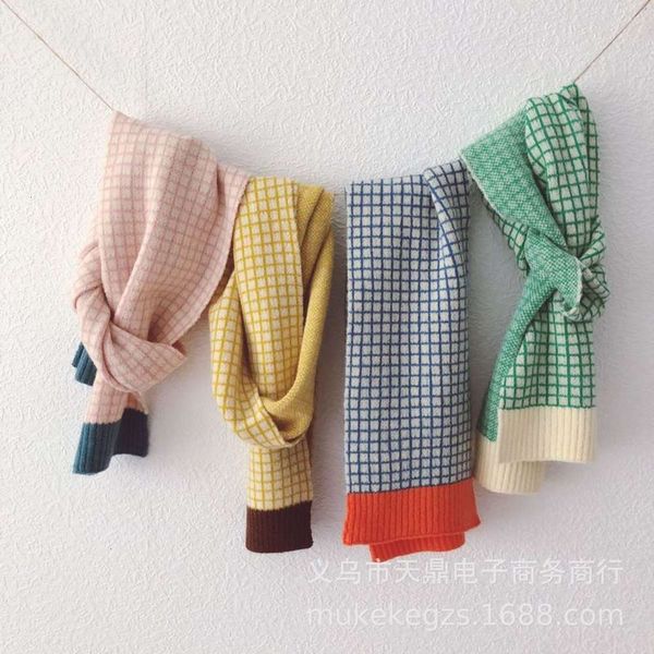 

plaid knitted ins children's wind scarf cover contrast autumn winter long color matching boys and girls wool neck7o1g, Red;brown
