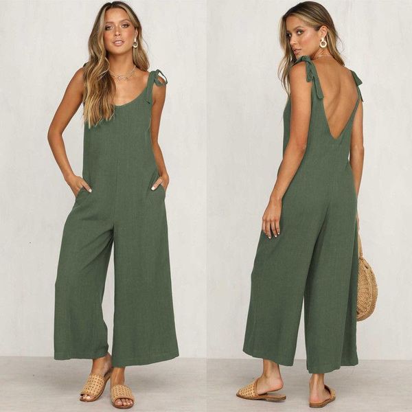 

o neck casual backless overalls trousers jumpsuit women summer loose sleeveless rompers wide leg pants 4 color s-xl, Black;white