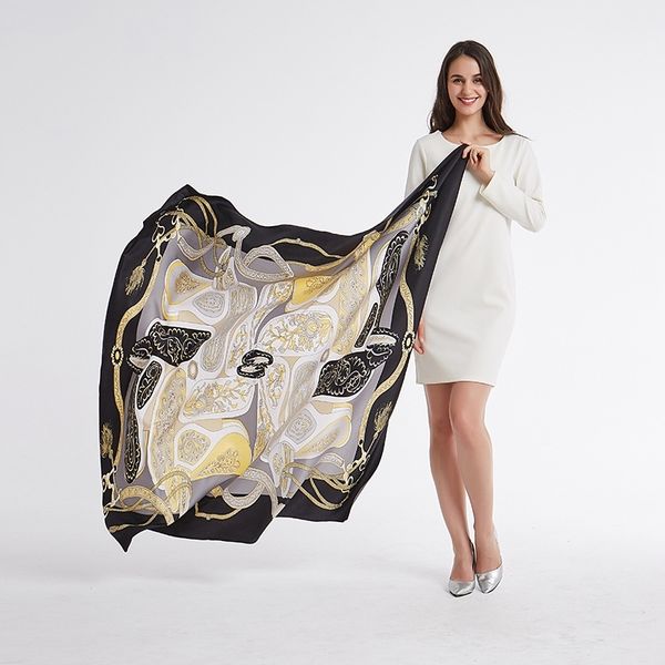 

pobing 100% silk scarf women large shawls belt print stoles square bandana luxury melt kerchief scarf female foulards 130cm y200103, Blue;gray