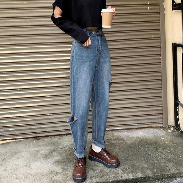 

woman jeans ripped high waist clothes wide leg denim clothing streetwear vintage quality 2020 fashion harajuku straight pants, Blue
