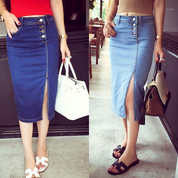 

women lady solid color elasticity split slim denim skirt for summer beach party ik881, Black