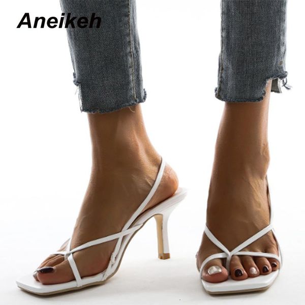 

sandals aneikeh 2021 summer women shoes stiletto heels pu narrow band dress gladiator back strap concise solid white size 35-40, Black
