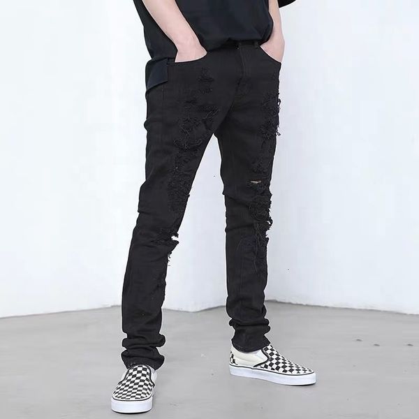 

oem fog skinny ripped rips zipper black jeans with lace dropshipping