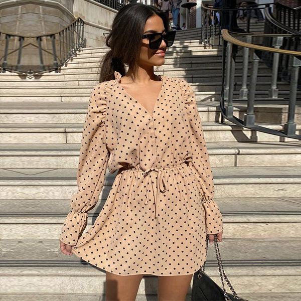 

women new fashion polka dot chiffon mini dress v neck long sleeve stitching waist lace dress, Black;gray