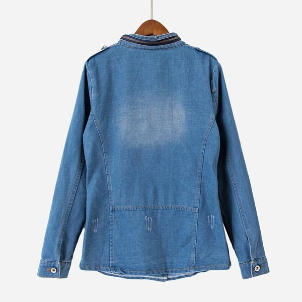 

vintage 2017 denim jacket autumn/fall women ripped hole design pocket blue slim waist jeans jackets coats outerwear t75901j1, Black;brown