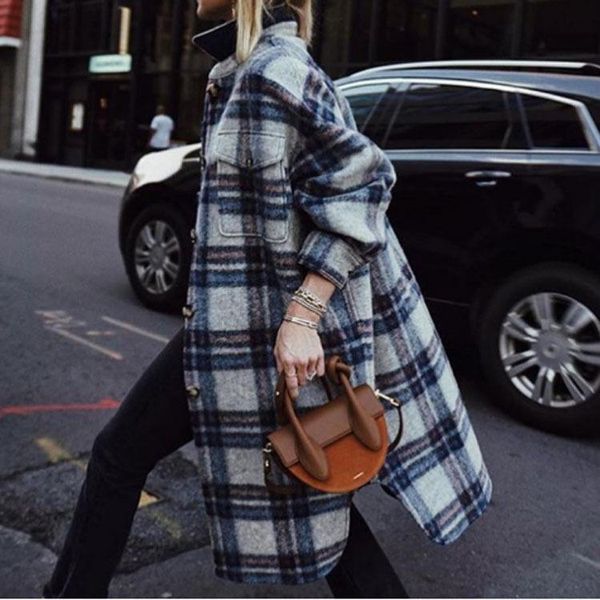 

fashion loose england style women winter coats 2021 plaid wool blend coat and jacket turn-down collar women coats autumn, Black