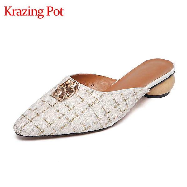 

krazing pot 2020 classic special leather pointed toe med heels slingback metal decorations women mules slip on summer pumps l22, Black