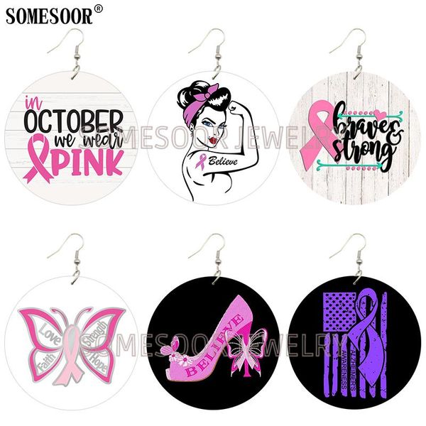 

somesoor in october we wear pink ribbon fight cancer wooden both sides printing round drop earrings for women gifts, Silver