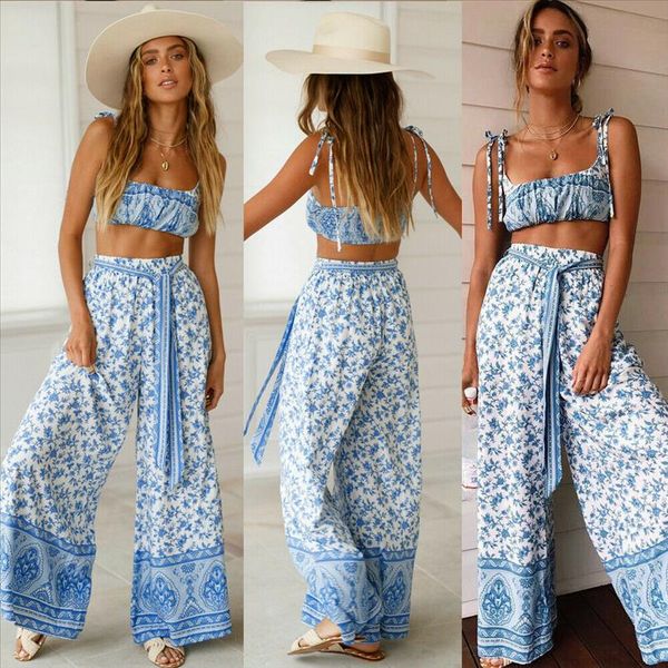 

womens summer suit bohemia two pieces lady girl set backless crop and pants sets ladies boho floral suits, Gray