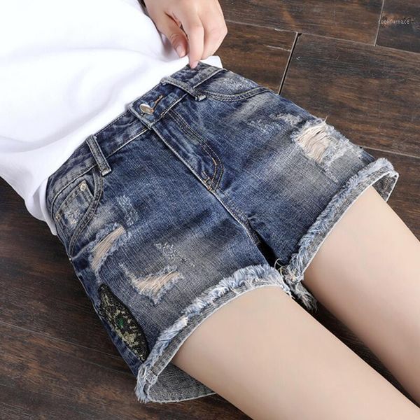 

chic jeans summer new korean version of loose elegant fashion hole embroidery sequins slim casual plus size women's pants1, Blue