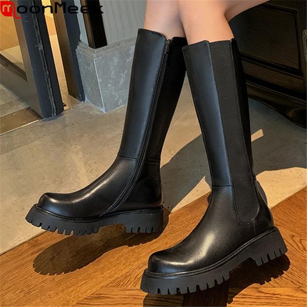 

boots moonmeek 2021 genuine leather square heels round toe comfortable women black color winter knee high