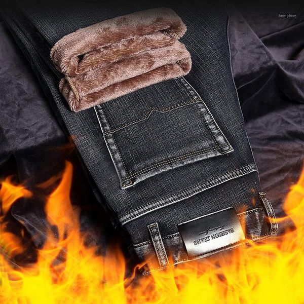 

new winter men warm casual pants thicken jeans business casual classic style fashion denim trousers male straight gray pants1, Blue