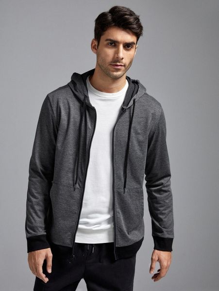 

men contrast trim drawstring zipper hoodie a889#, Black