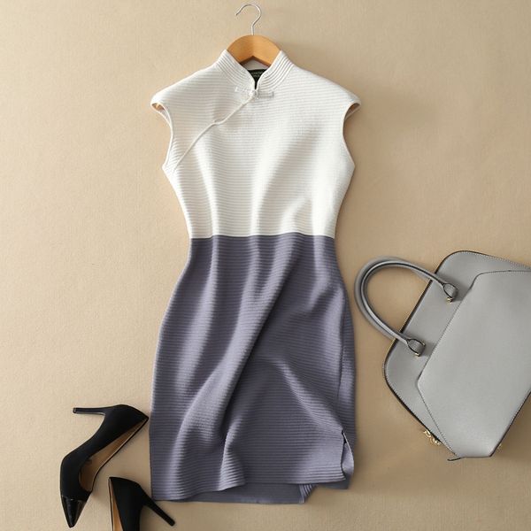 

spring and summer women's small standing collar slim fit silk cheongsam vest spring and summer women's small standing collar dress, Black;gray