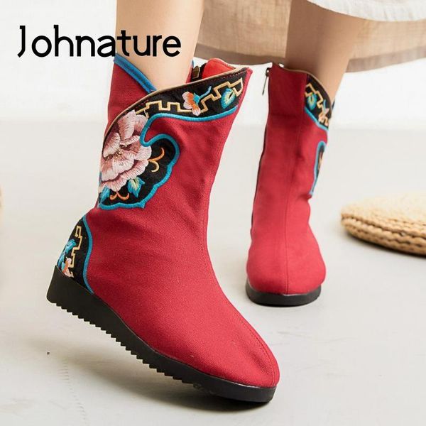 

boots johnature winter women cotton shoes 2021 zip mixed colors embroider handmade warm retro national style platform, Black