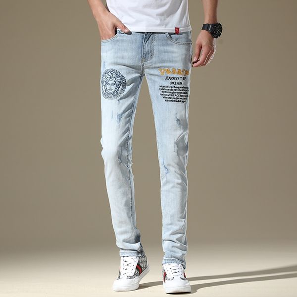 

spring and jeans embroidered jeans and summer new men's denim pants mei dusha embroidery stretch slim fit small feet trendy light blue