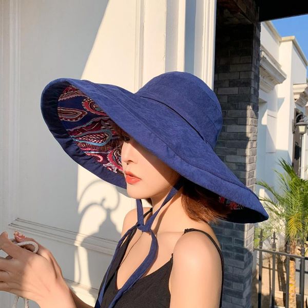 

summer fisherman's cap female han edition 100 japanese red man double face cover hat tide go out big sun cap shade hat, Blue;gray