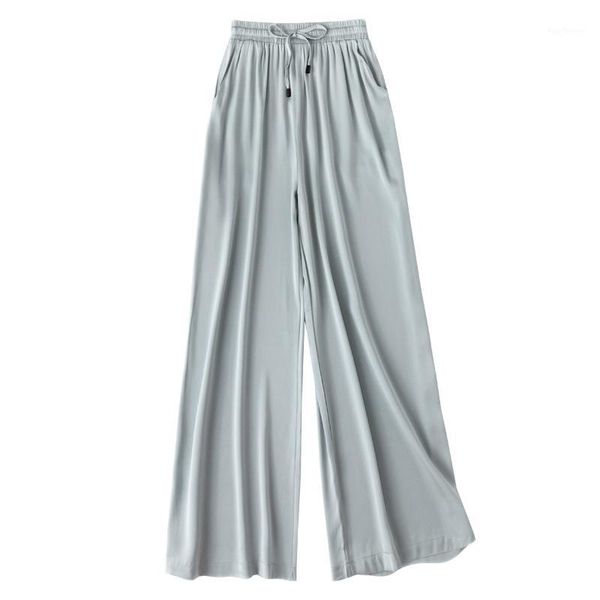 

women's pants & capris 2021 women summer autumn natural silk loose style trousers work wear holiday wide leg blue pants1, Black;white