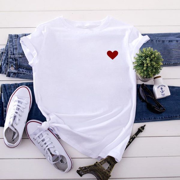 

womens t shirt heart shaped printing t shirt short sleeve harajuku graphic t shirt casual simple o neck female, White