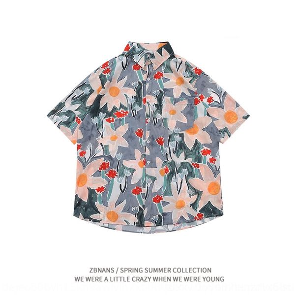 

bpboe american casual iq hawaii short-sleeved handsome loose large size ins underpants shirtshirt shirtruffian couple trendy printed shirt v, Blue