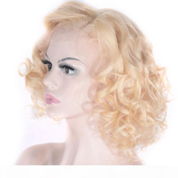 

zhifan 14inch blonde front lace wig human hair short bob curly loose wave style wigs for women, Black;brown