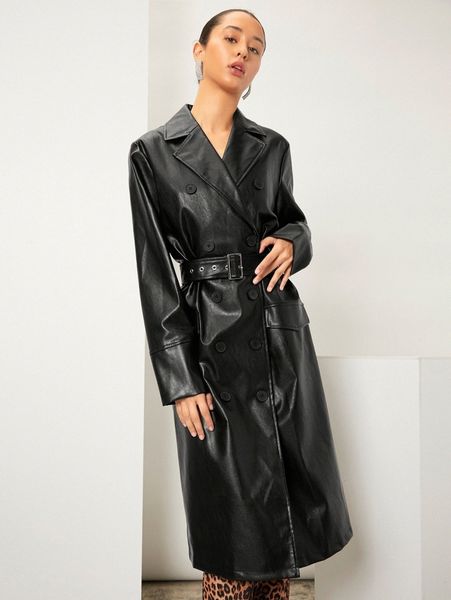 

double breasted buckled belted pu leather trench coat x8zt#, Tan;black