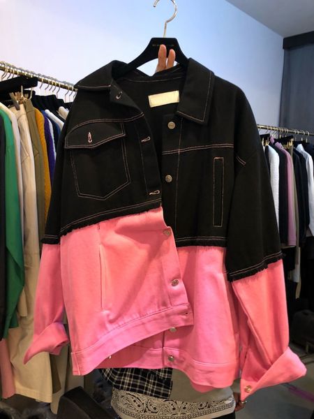 

[ewq] spring new long sleeve panelled raw edge plus size trend coat feminino korea turn-down collar loose denim jacket 201026, Black;brown