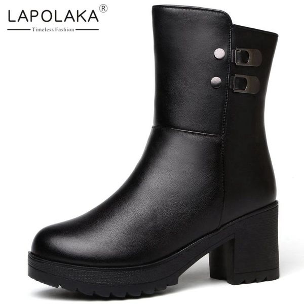 

lapolaka new fashion snow boots women shoes chunky high heels platform non slip comfy ins drophip warm winter booties, Black