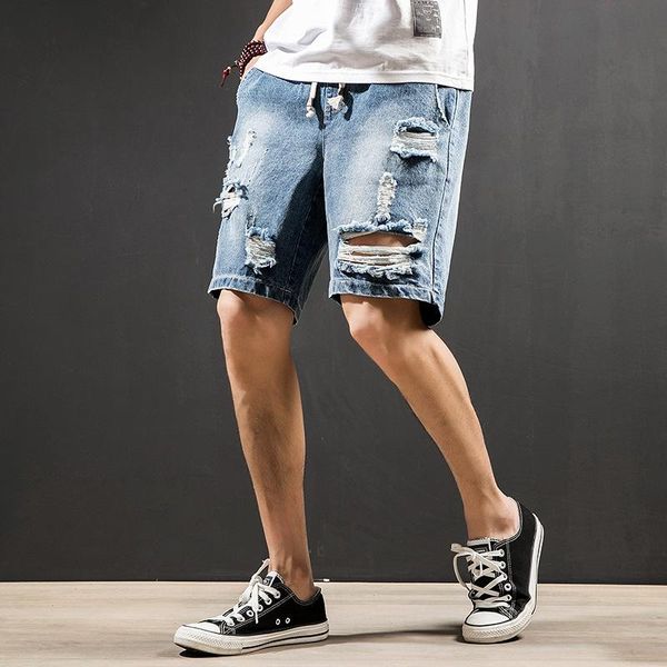 

fashion casual punk shorts jeans men loose distressed short straight denim pants men pleated pockets jean hombre, Blue