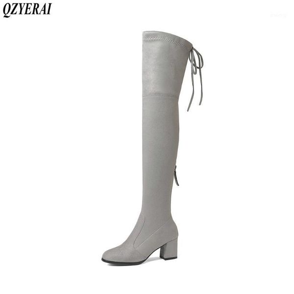 

boots qzyerai 2021 over the knee flock winter round toe women ladies lace up stretch fabric fashion big size 34-431, Black