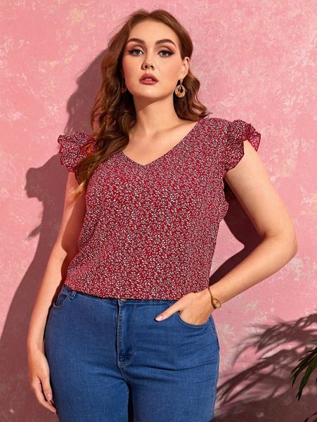 

plus butterfly sleeve allover plants print 28il#, Black