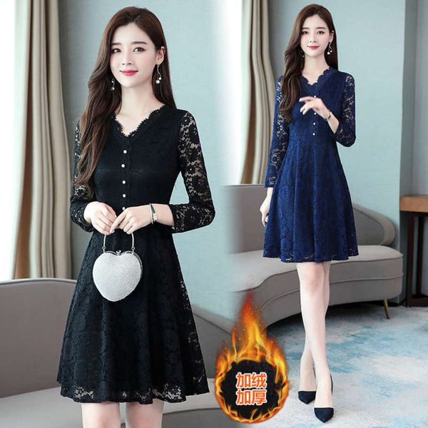 

autumn sleeve lace large 2020 new dress women's middle and long fashion bottoming skirt trend, Black;gray