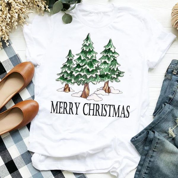 

women merry christmas new year winter season cartoon tree 90s holiday clothes ladies graphic print tee tshirt female t-shirt, White