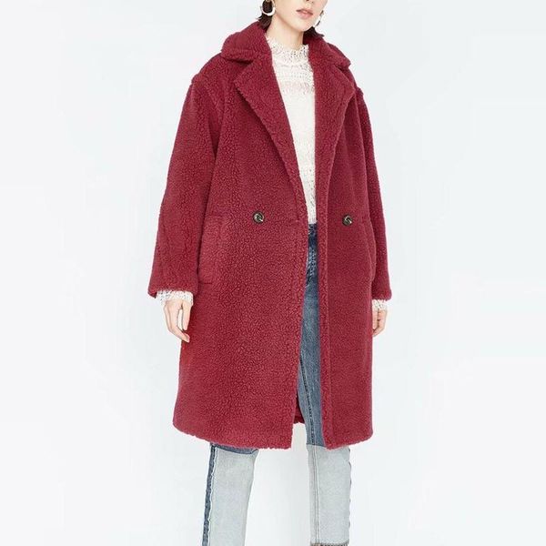 

women's fur & faux 2021 spring winter warm long coat vintage sleeve female thick teddy bear casual loose pocket lady outwears, Black