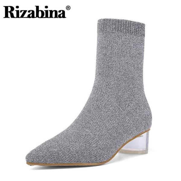 

rizabina size 33-40 new fashion women sock ankle boots round toe thick crystal heel slip on stretch ladies footwear solid boots, Black