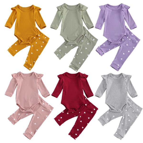

baby girls two-piece clothes set solid color long sleeve romper + heart pattern long pants 0-24m 1021, White