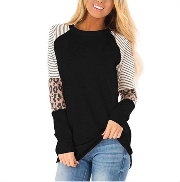 

womens long sleeve t-shirt leopard print patchwork striped shirt casual blouse womens round neck fashion shirts, White