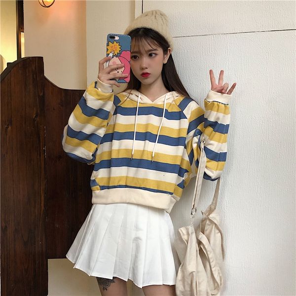 

hooded women's spring and pullover sweater sweater autumn 2020 new loose korean high waist pullover thin long sleeve short striped f, Black