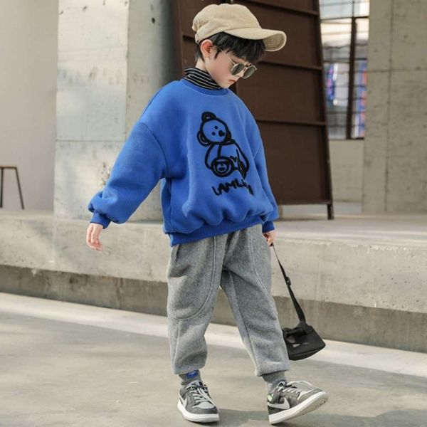 

and bottom coat wear children's autumn high collar fake two cartoon bear winter boys' plush sweater, Black