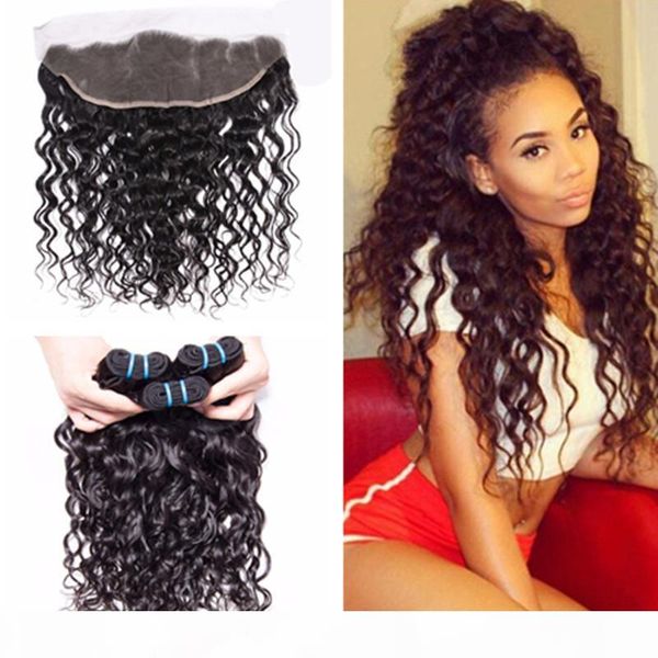 

natural wave ear to ear lace frontal closure with bundles wet and wavy mink brazilian hair water wave 3bundles with full lace frontals, Black;brown