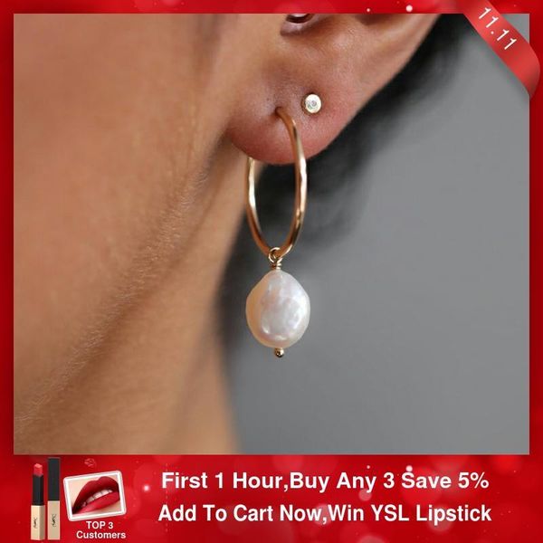 

hoop & huggie 38mm gold filled earrings natural baroque pearls jewelry circle boho brincos pendientes oorbellen, Golden;silver