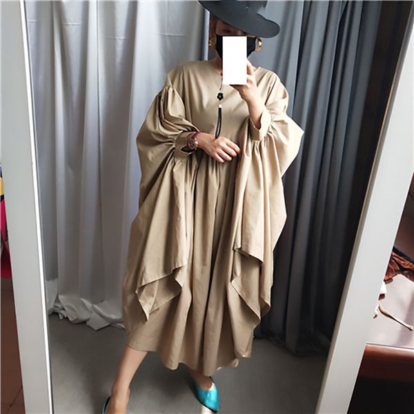 

[eam] women oversize pleated big hem dress new round neck three-quarter sleeve loose fit fashion tide spring autumn 2020 1a456 y200805, Black;pink