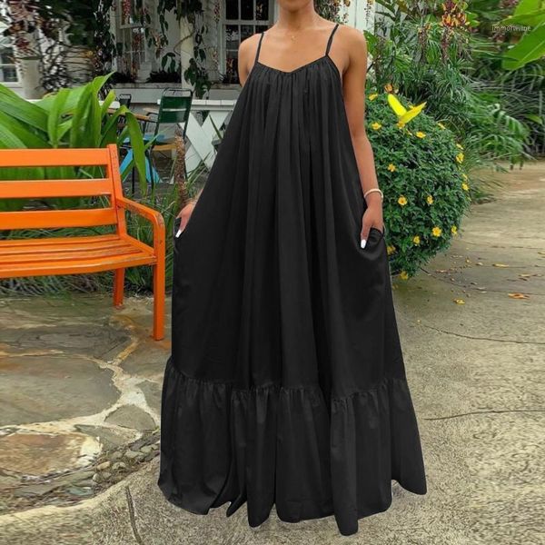 

women solid strap pleated dress casual loose pocket backless big swing dress 2020 summer boho beach long dresses femme robe1, Black;gray