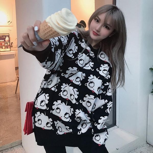 

cinessd 2021 new autumn sweaters lazy style oversized long sleeve cartoon knitted harajuku jumper winter clothes women, White;black