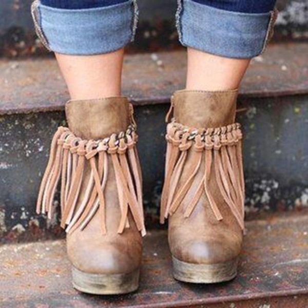 

boots ankle women autumn winter tassel wedges high heels booties ladies gladiator platform female shoes zapatos mujer, Black